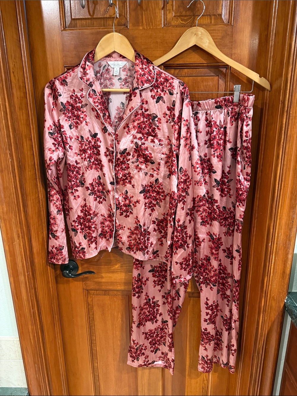 Floral Satin Pajama Set - Pink Red